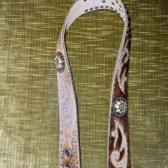 Nocona Brown Calf Hair Leather Studded Iridescent Rhinestone Belt M 32.5-38.5” - Picture 9 of 16